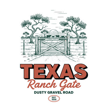 Texas ranch gate on a dusty gravel road with cattle and sunset vector illustration
