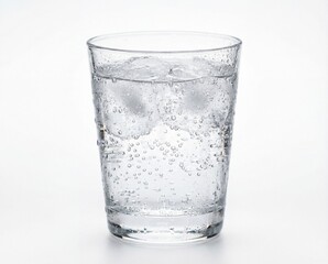 Crystal clear glass of carbonated water with ice cubes and water droplets