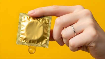Close-up of hands holding a gold condom wrapper against a vibrant yellow background. Concept of safe sex, protection, reproductive health, and HIV prevention in a modern minimalist style.