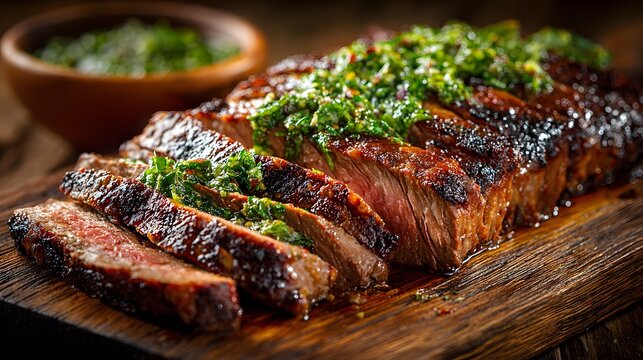 Delicious grilled flank steak sliced on a rustic wooden cutting board topped with fresh green herbs and chimichurri with rich textures visible.