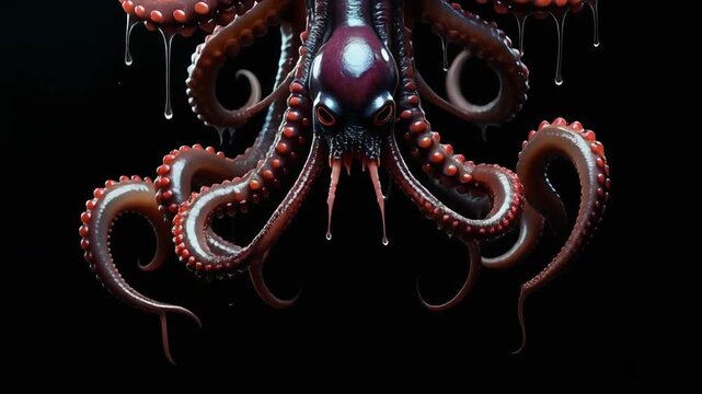 Close-up of dark red octopus tentacles with suckers hanging downwards against a deep black background, mysterious and isolated.
