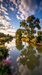 Sunny river scene with lush trees and reflective water under a blue and cloudy sky during golden hour