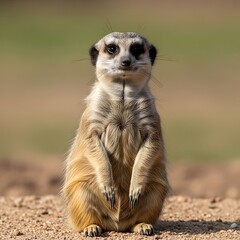 Fototapeta premium Meerkat stands alert and watchful on sandy ground with soft focus background.