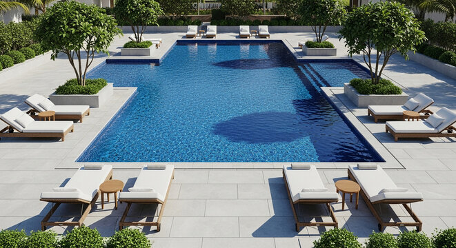 Premium resort pool area with symmetrical design, blue mosaic tiles, comfortable lounge chairs