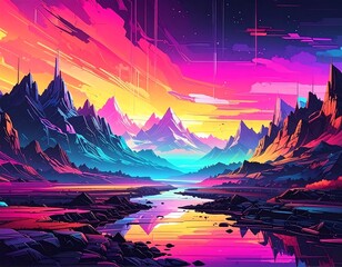 Vivid digital painting of an alien landscape with sharp mountains and river reflecting a bright, colorful sky