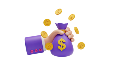 3D Hand holding money bag with gold coins on transparent background