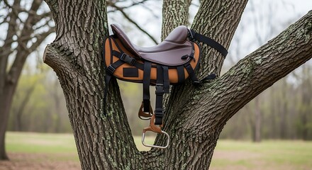 Equestrian saddle rests on a tree trunk in a park setting.