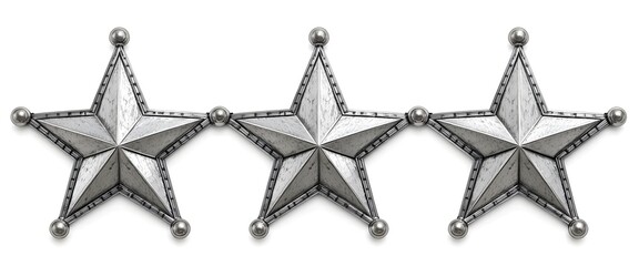 Obraz premium Set of three textured metallic silver five-pointed stars on an isolated white background. admiral stars