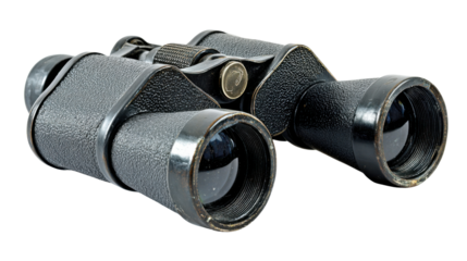 Vintage binoculars discovering, exploring, and observing distant views, with a focus on vision and surveillance, transparent background