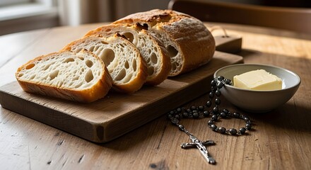 Sliced artisan bread with butter and rosary beads rests on a wooden table.