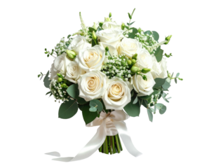 Lush white roses bouquet tied with ribbon