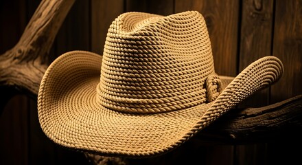 Woven cowboy hat rests on weathered wood in rustic setting.