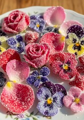 Candied flowers and petals sparkle with sugar crystals on a decorative plate.