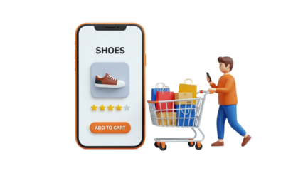 3D Online shoe shopping with mobile app and shopping cart on transparent background