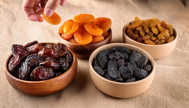 four bowls of dried fruits on beige cloth hands reach for raisins prunes and apricots