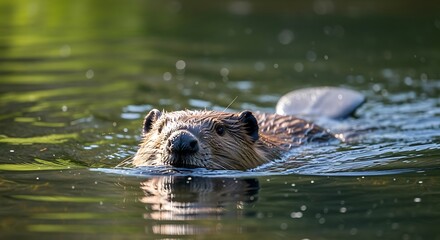 Fototapeta premium Wild beaver swims on the surface of a calm lake.