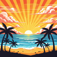 Obraz premium Retro Tropical Beach Sunset with Palm Trees and Sun Rays, Vintage-Style Summer Landscape Illustration