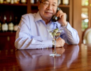 Asian man in restaurant talking on a vintage phone. A frog in a martini glass 