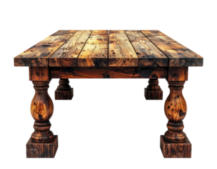 Ornate, weathered wooden table with substantial, decorative pedestal legs