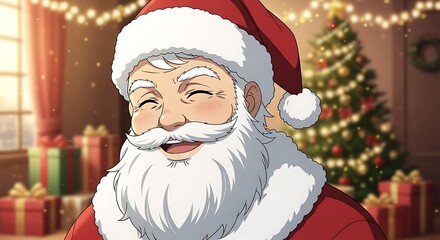 Cheerful man in Santa costume smiles warmly in festive decorated room.