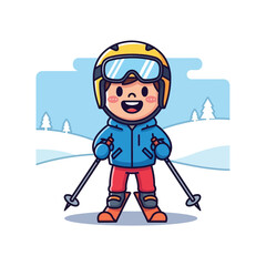 A cheerful cute illustration vector of a young boy skiing down a snowy slope in bright blue winter gear.