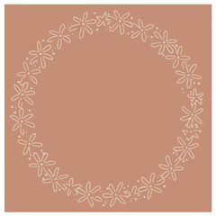 A simple, hand-drawn white floral wreath with small dots on a solid reddish-brown background, suitable for decorative purposes.