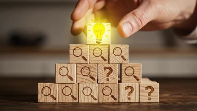 Creative problem solving with wooden blocks and lightbulb