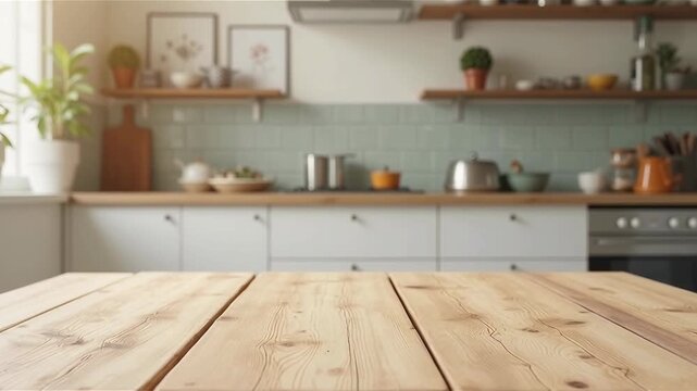 Wooden table on blurred kitchen bench background. Empty wooden table and blurred kitchen background 
