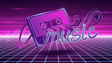 Retro 80s Synthwave Music Cassette Tape with Neon Grid Background.