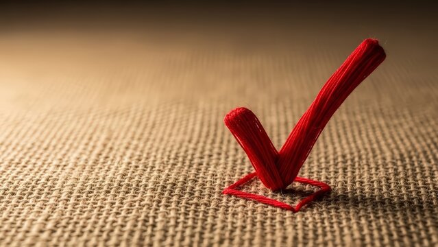 Red Check Mark Symbol Standing on Textured Surface. - Powered by Adobe