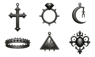 Gothic Jewelry Symbol Set Featuring Blackwork Dot Shading on Transparent Background