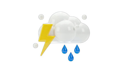 3D Weather Icon: Cloud, Rain, and Lightning on White