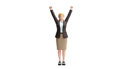 3D Woman in business suit celebrating with arms raised on transparent background