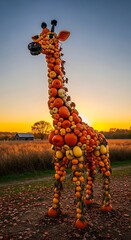 Autumn harvest sculpture shaped like a giraffe stands in a field at sunset.
