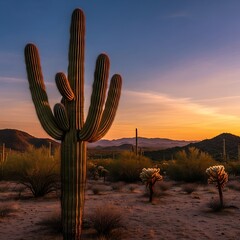 Desert landscape with saguaro cactus at sunset.