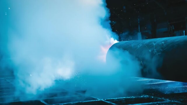 Industrial plasma spray process applying molten material onto metal pipes creating a protective corrosionresistant inner lining in a controlled environment
