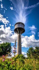 Tall, concrete water tower stands against a striking blue sky filled with wispy, white clouds