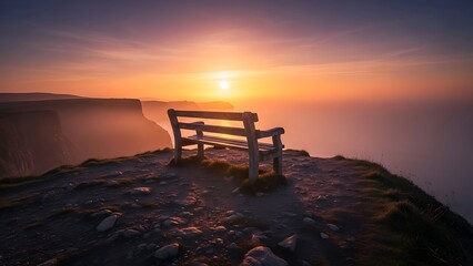 A tranquil wooden bench sits alone on a dramatic cliff edge, offering a serene vantage point to witness a spectacular sunset over the vast, calm ocean