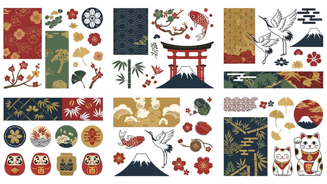 Traditional Japanese cultural vector set showcasing iconic symbols like Mount Fuji, cherry blossoms, koi fish, Daruma dolls, and Maneki-neko for elegant design projects
