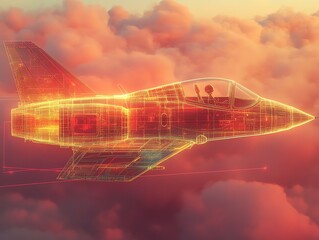Futuristic Military Fighter Jet in Bright Orange Neon Wireframe Style Flying Above Cloudscape