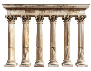 Naklejka premium Stone colonnade, ornate capitals, fluted columns, structural design against black backdrop