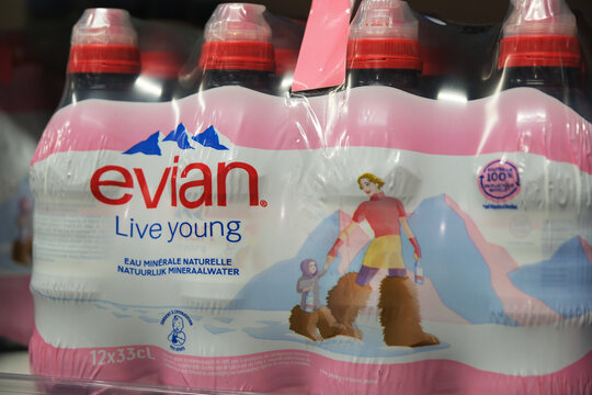 Brienz,Switzerland-Oct.1st 2025: evian natural mineral water on a shelf