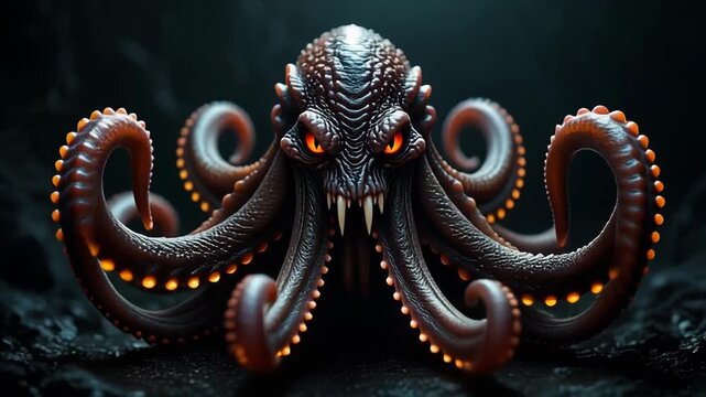 Dark and menacing octopus monster with sharp fangs and glowing orange eyes, lurking in a mysterious rocky subterranean environment.