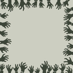 Obraz premium A square frame composed of numerous dark, silhouetted hands with outstretched fingers on a light grey background, creating a border.