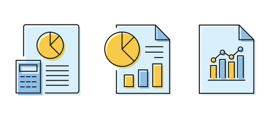 Analytics icon set with color fills and black outlines, featuring charts, graphs, and data analysis symbols for business intelligence and reporting.
