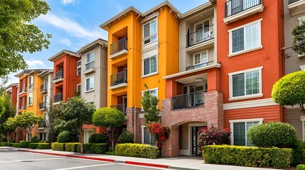 Exterior view of a modern colorful apartment complex on a sunny day with orange and brick facades, manicured landscaping and a clear blue sky.