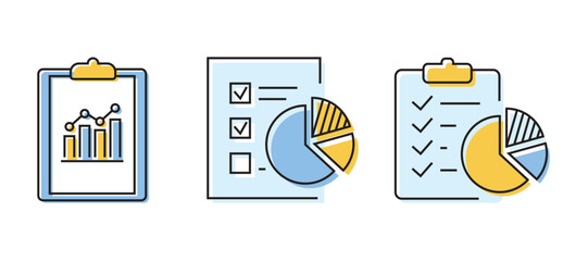 Analytics icon set with color fills and black outlines, featuring charts, graphs, and data analysis symbols for business intelligence and reporting.