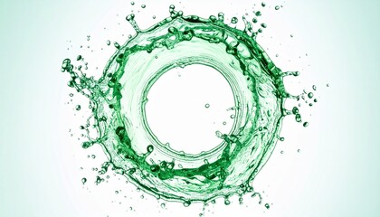 エコやクリーン、化粧水や美容液イメージ　白背景に円を描いて弾ける緑色の水の波紋とスプラッシュ背景素材