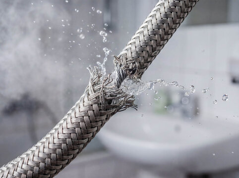 Burst braided stainless steel water hose plumbing emergency repair maintenance house damage accident flood insurance claim plumber service professional background - Powered by Adobe