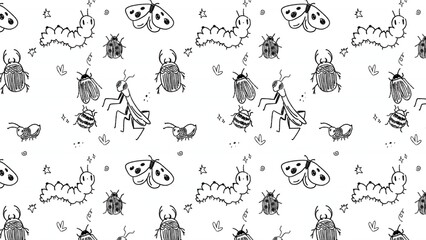 A cute and whimsical illustration of various insects seamless pattern